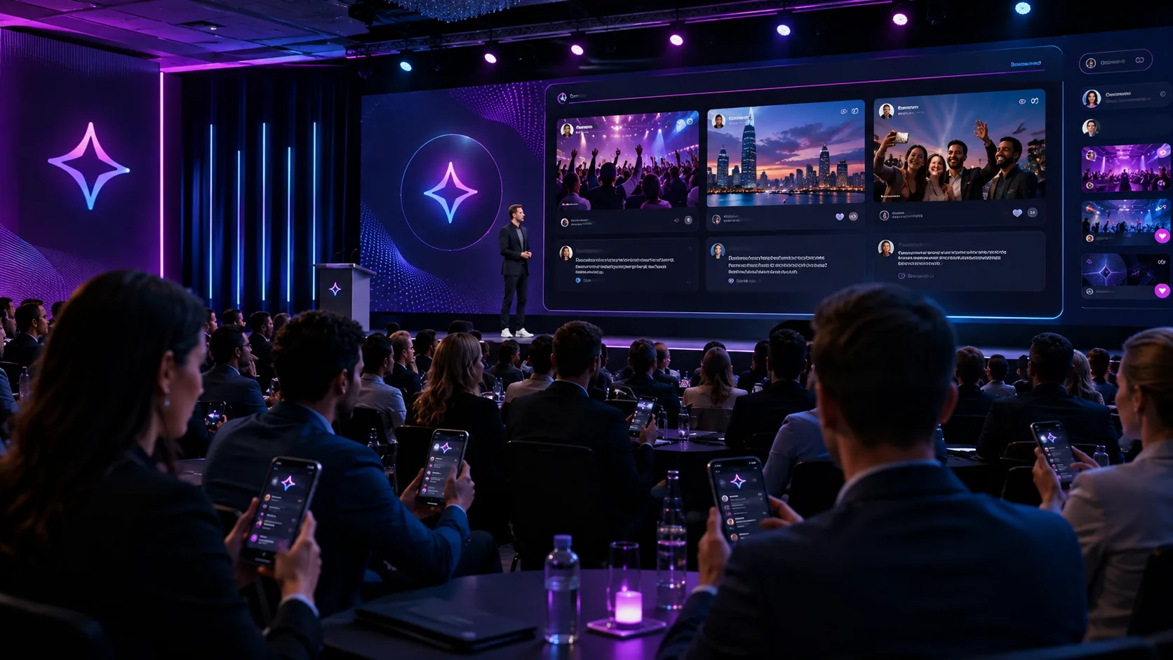 Evento corporativo com plateia conectada ao VibeStar e painel ao vivo