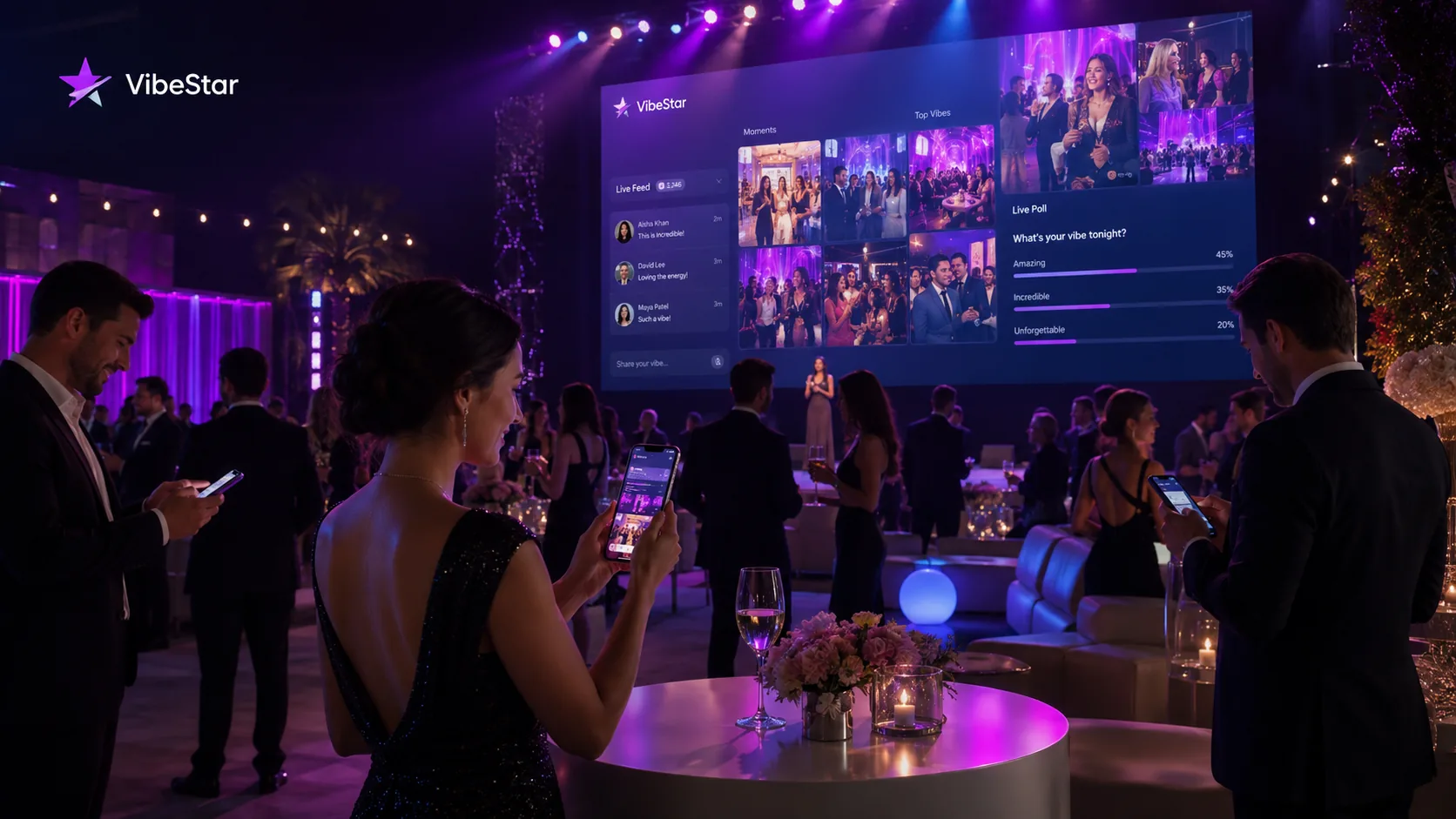 Evento premium com convidados usando o VibeStar pelo celular e painel interativo no telão