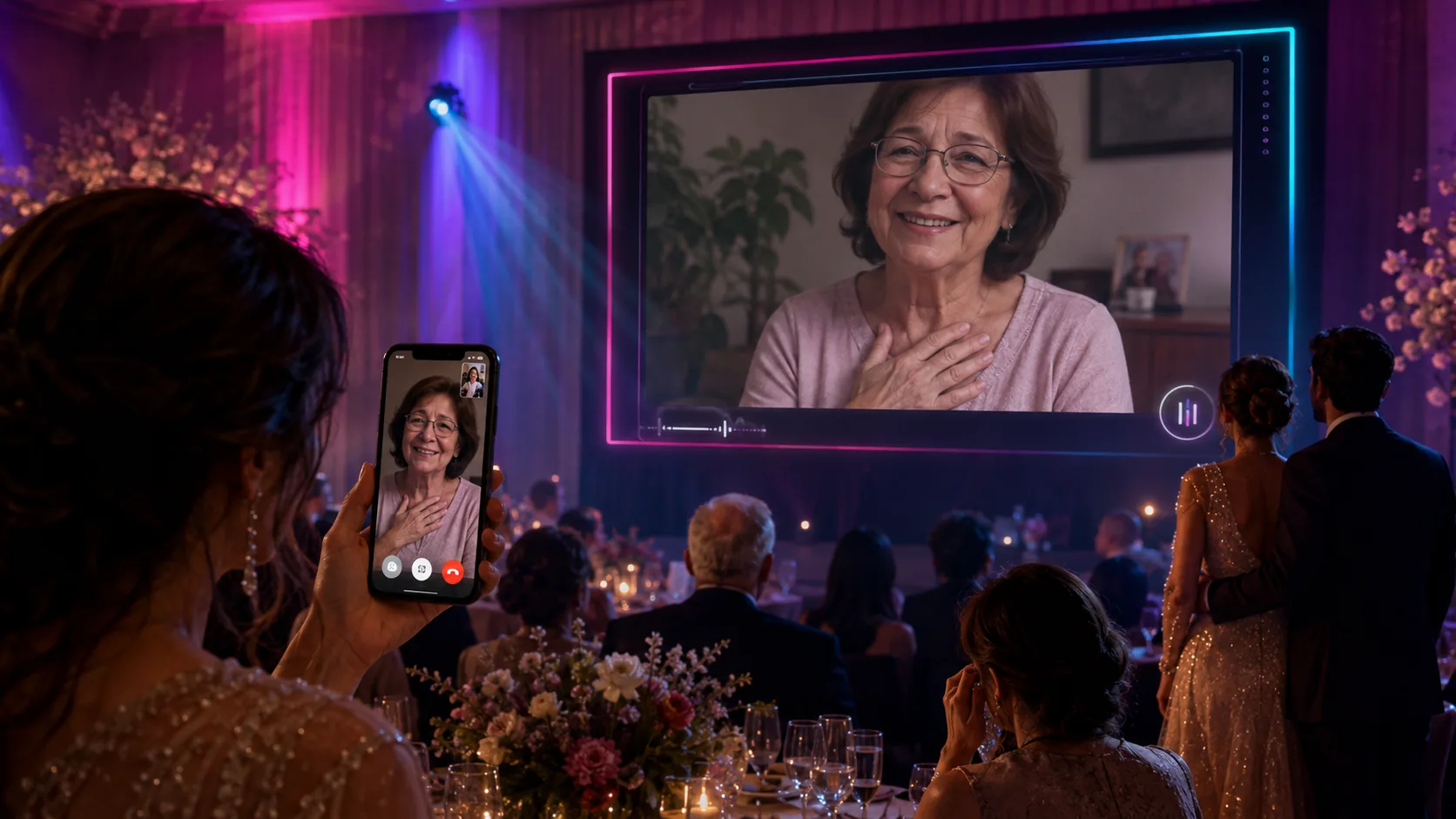 Homenagem ao vivo exibida em um telão durante evento