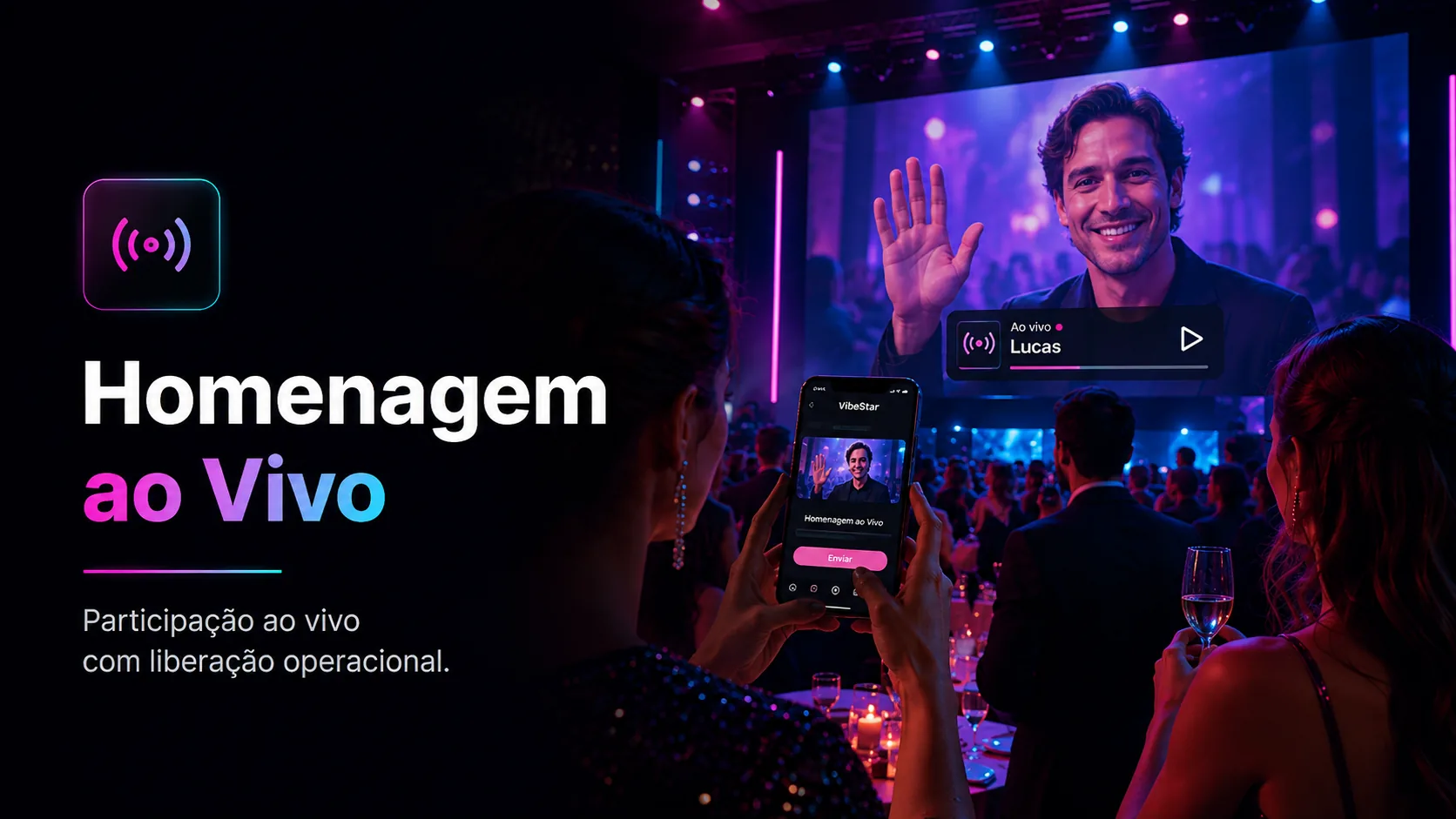 Participante em homenagem ao vivo aparecendo no telão pelo VibeStar