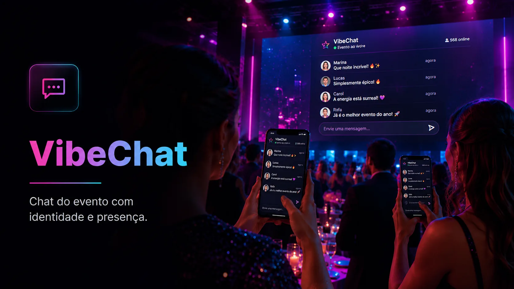 Convidados interagindo pelo VibeChat durante o evento