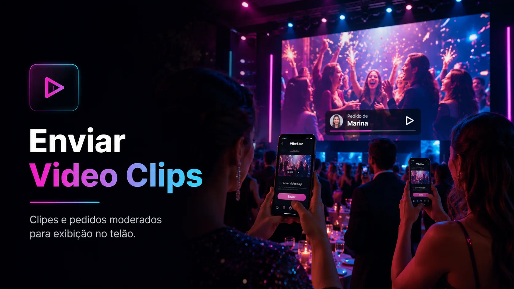 Convidados usando o VibeStar para enviar vídeo clips ao telão do evento