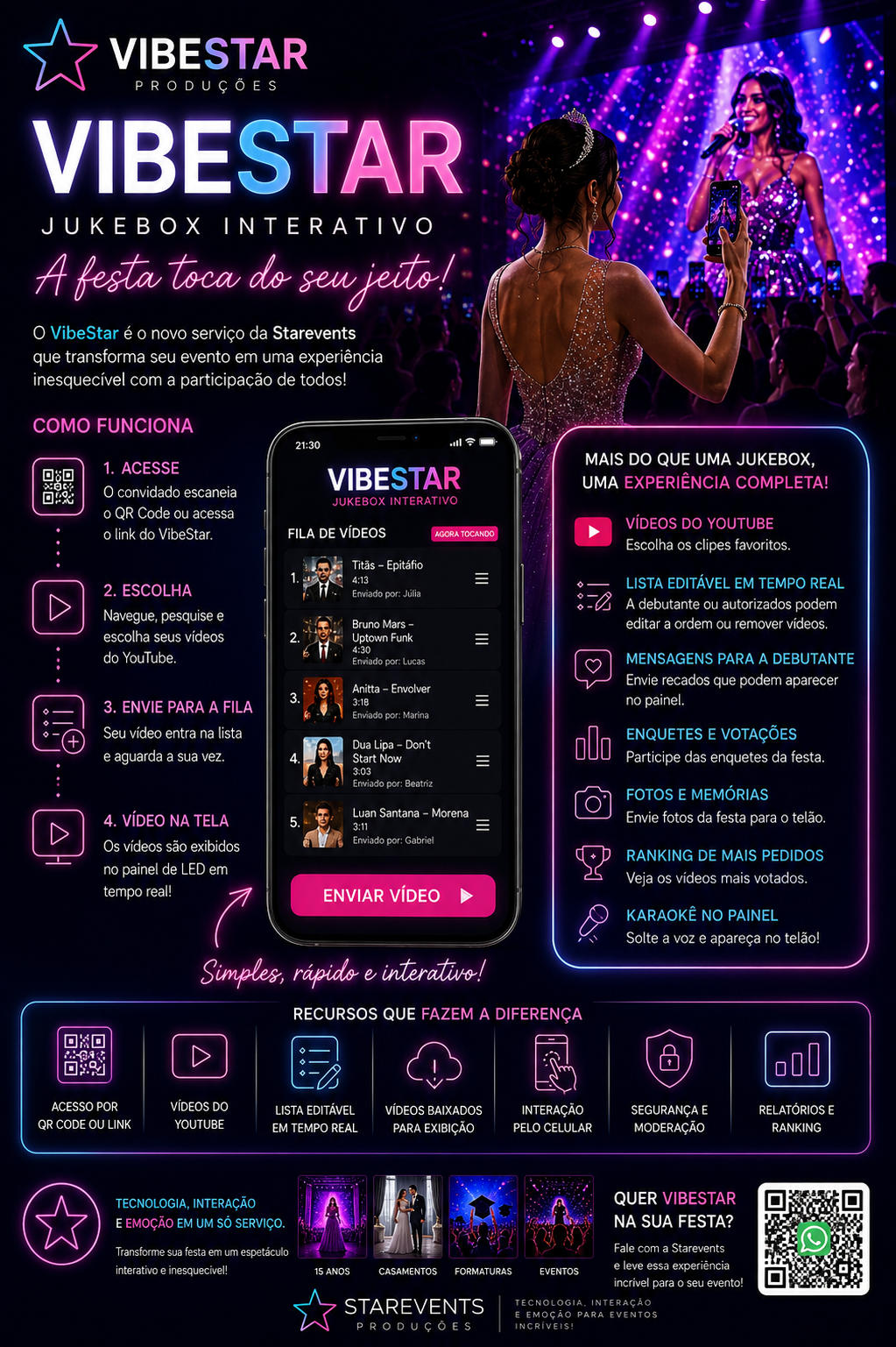 Arte VibeStar para festas com debutante, vídeos, mensagens e ranking no painel.